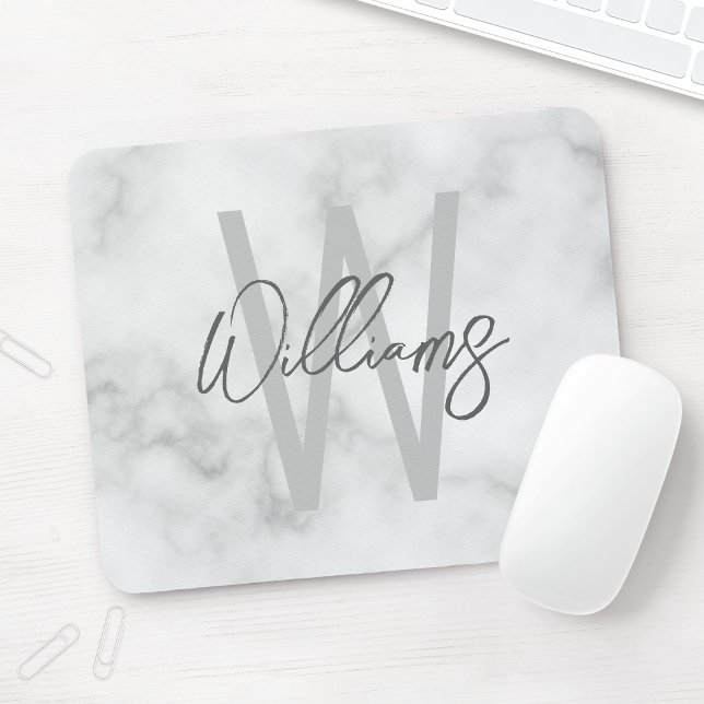 White Marble Script Personalised Monogram and Name Mouse Mat (Creator Uploaded)