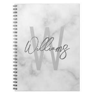 White Marble Script Personalised Monogram and Name Notebook
