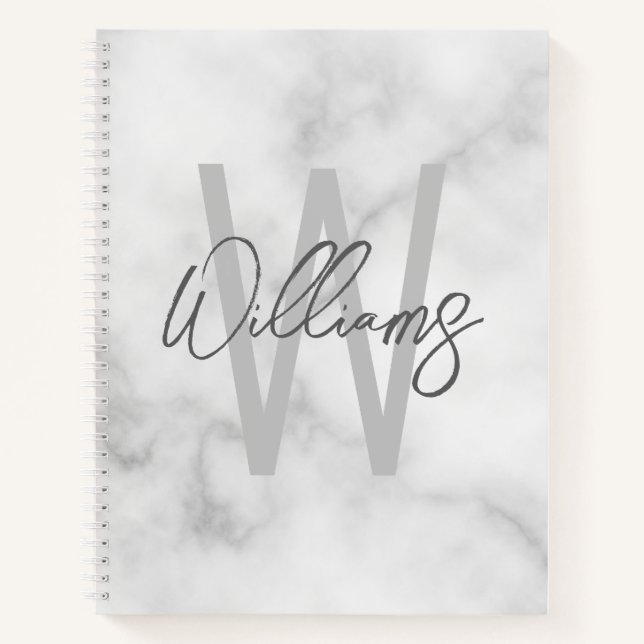 White Marble Script Personalised Monogram and Name Notebook (Front)