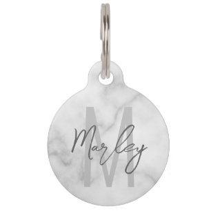 White Marble Script Personalised Monogram and Name Pet Tag