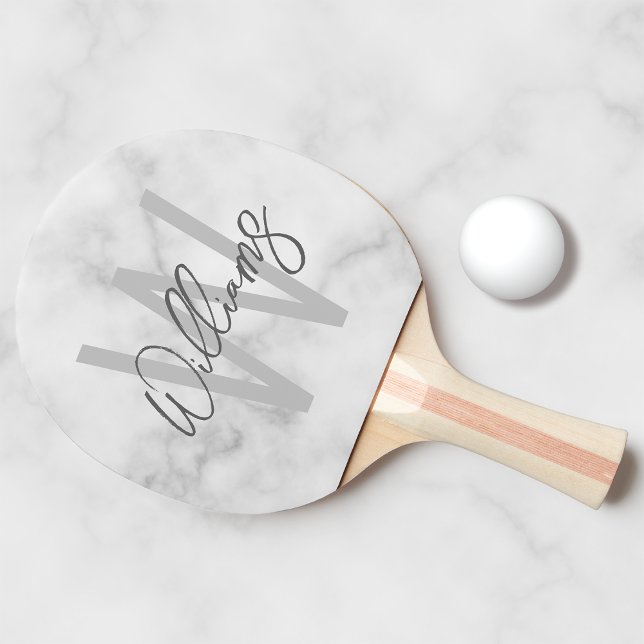 White Marble Script Personalised Monogram and Name Ping Pong Paddle (Creator Uploaded)