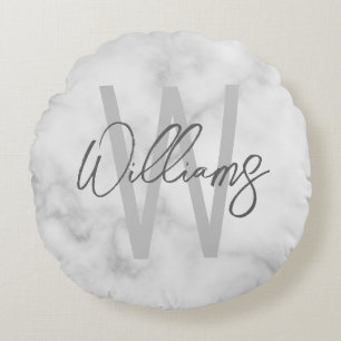 White Marble Script Personalised Monogram and Name Round Cushion