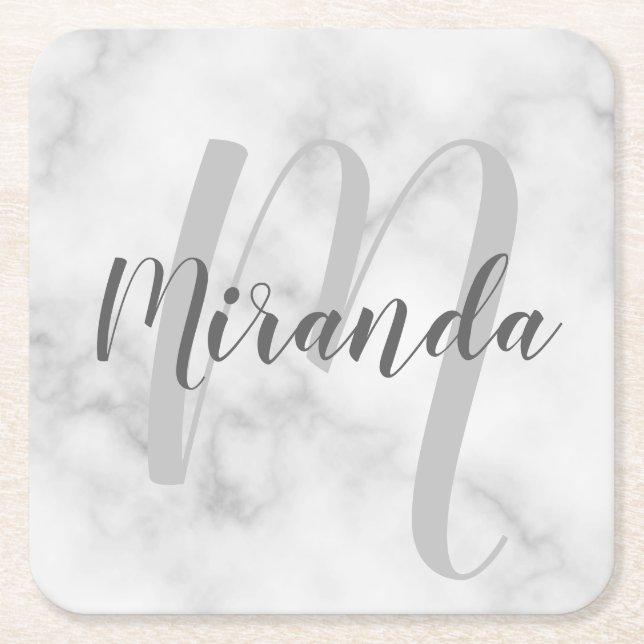 White Marble Script Personalised Monogram and Name Square Paper Coaster (Front)