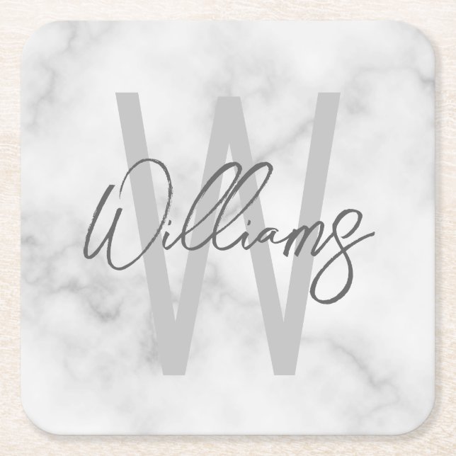 White Marble Script Personalised Monogram and Name Square Paper Coaster (Front)
