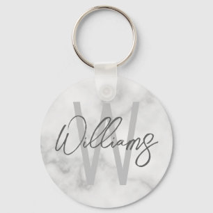White Marble Script Personalized Monogram and Name Key Ring