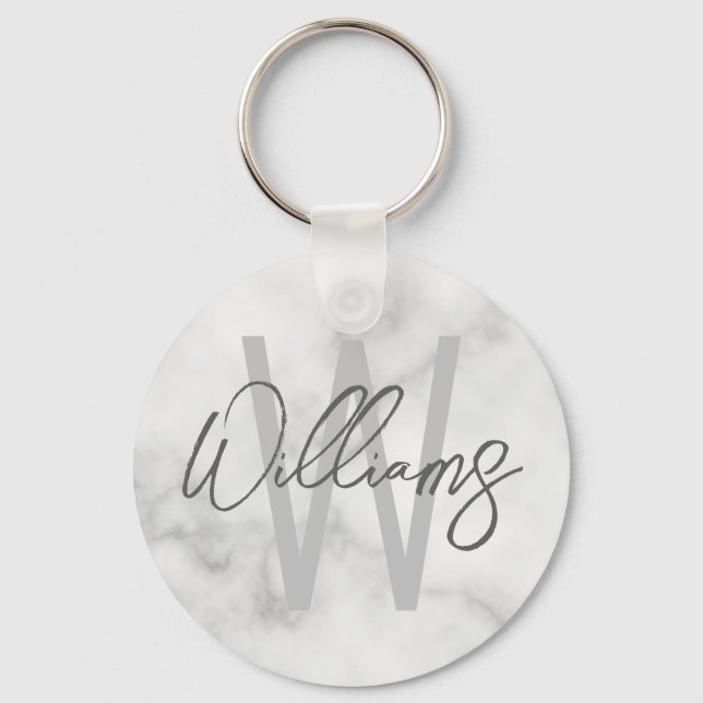 White Marble Script Personalized Monogram and Name Key Ring (Front)
