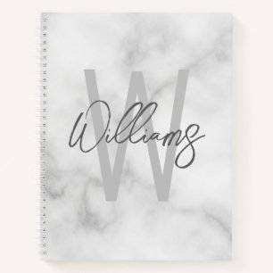 White Marble Script Personalized Monogram and Name Notebook