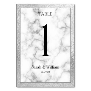 White Marble Silver Border Wedding Table Number