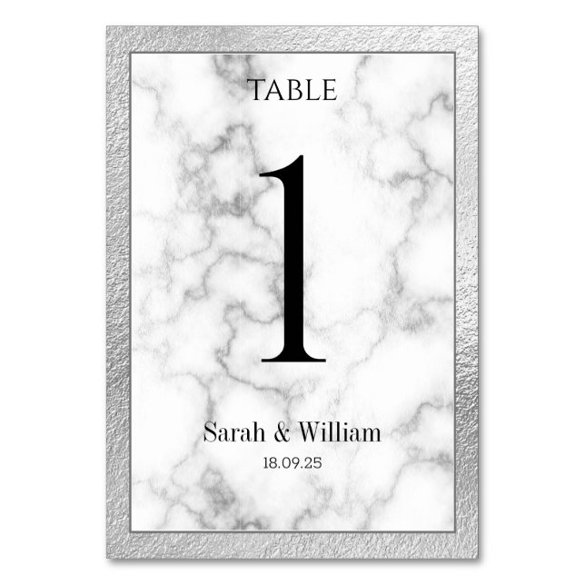 White Marble Silver Border Wedding Table Number (Front)