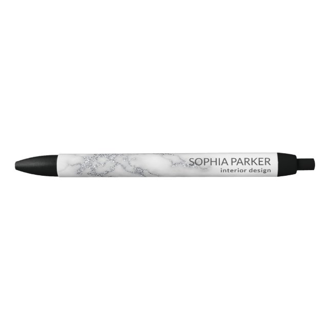 White Marble Silver Glitter Black Ink Pen (Front)