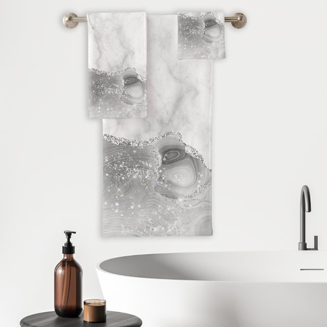 White Marble Silver Glitter Grey Agate Bath Towel Set (Creator Uploaded)