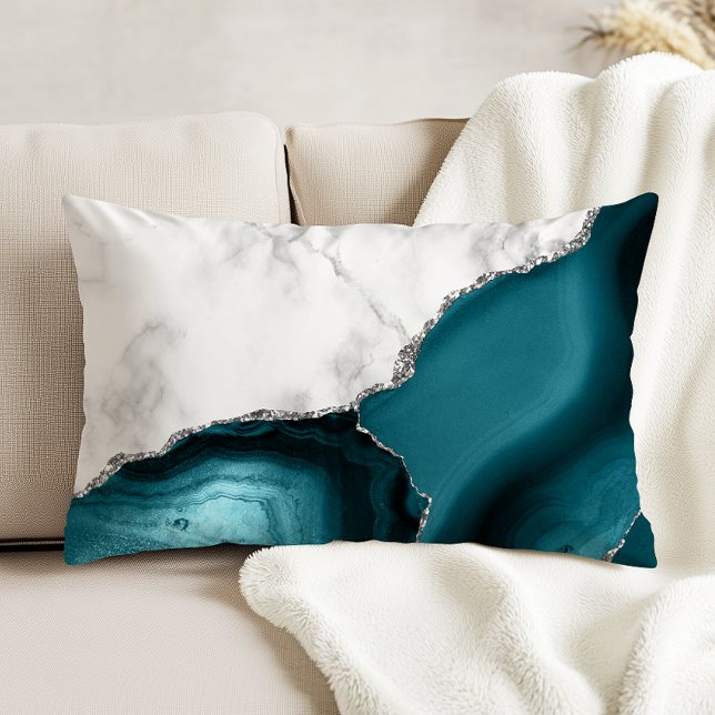 White Marble Silver Glitter Teal Agate Decorative Cushion (Creator Uploaded)