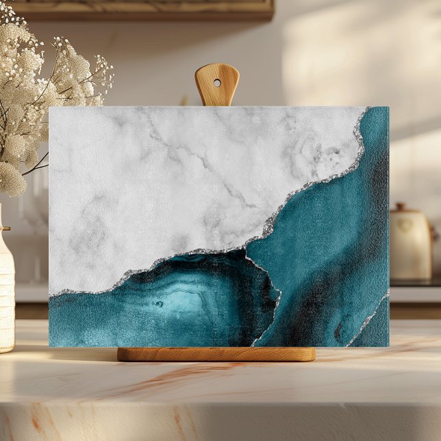 White Marble Silver Glitter Teal Blue Agate Cutting Board (Creator Uploaded)