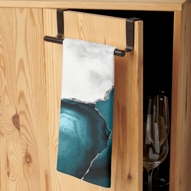 White Marble Silver Glitter Teal Blue Agate Tea Towel (Thirds Fold)