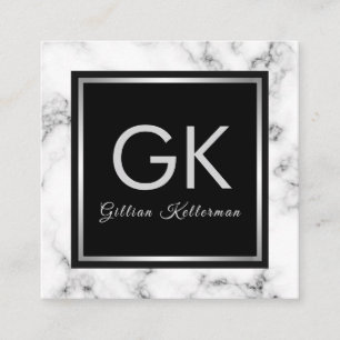 White Marble Silver Monogram Square Business Card