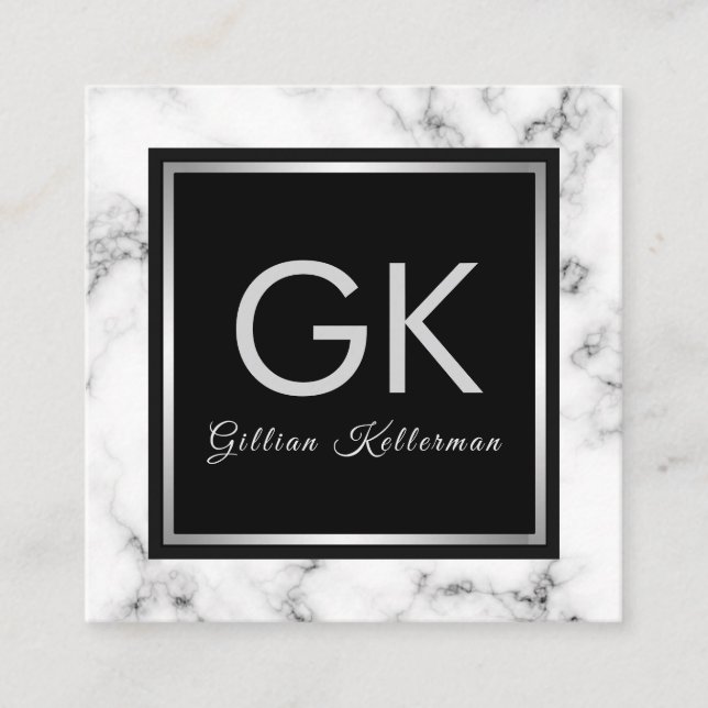 White Marble Silver Monogram Square Business Card (Front)