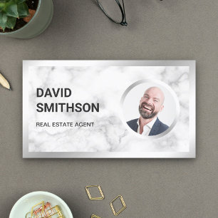 White Marble Steel Silver Photo Real Estate Agent Business Card