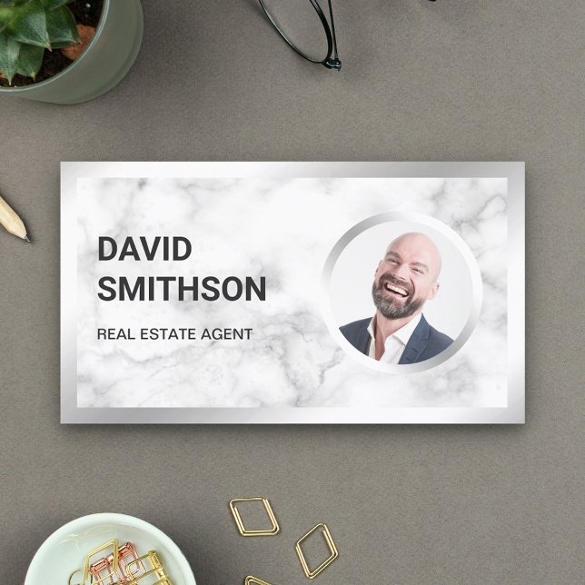 White Marble Steel Silver Photo Real Estate Agent Business Card (Creator Uploaded)