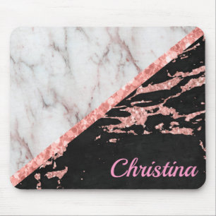 White Marble Stone And Black Pink Glitter Monogram Mouse Mat