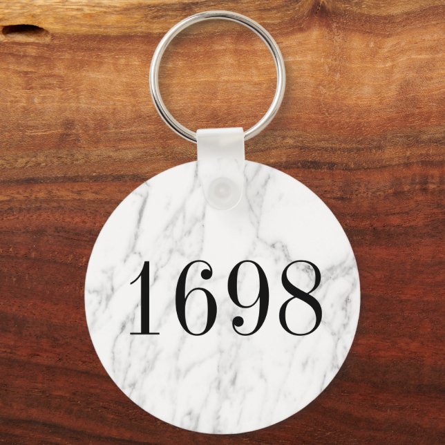 White marble stone classy hotel room number metal key ring (Front)