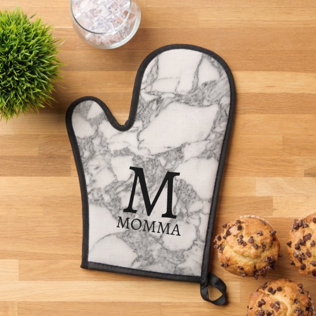 White marble stone custom monogram oven mitt (Top down)