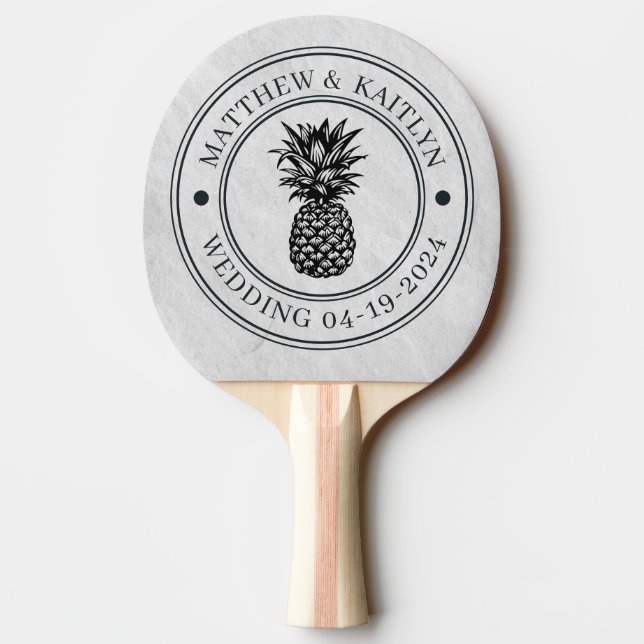 White Marble Stone Pineapple Wedding Crest & Names Ping Pong Paddle (Back)