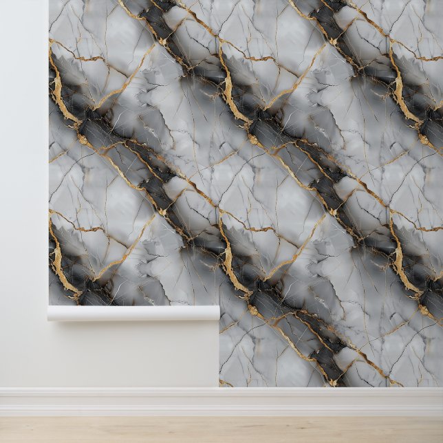 White marble stone texture with golden insert chic wallpaper (Application)