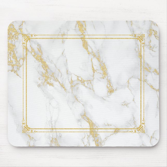 White Marble Stone With Gold Glitter Frame Mouse Mat (Front)