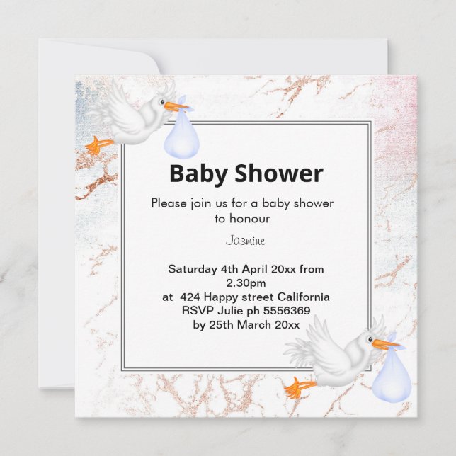 White Marble Stork baby shower Invitation (Front)
