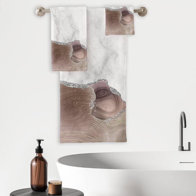 White Marble Taupe Agate Silver Glitter Bath Towel Set (Creator Uploaded)