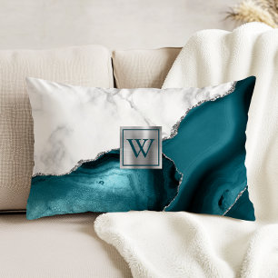 White Marble Teal Agate Silver Glitter Monogram Decorative Cushion