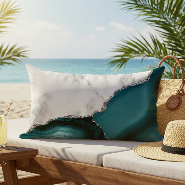 White Marble Teal Agate Silver Outdoor Lumbar Cushion (Creator Uploaded)