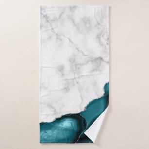 White Marble Teal Blue Agate Silver Glitter Bath Towel