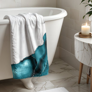 White Marble Teal Blue Agate Silver Glitter Bath Towel
