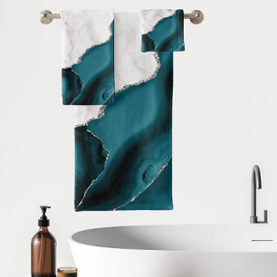 White Marble Teal Blue Silver Agate Bath Towel Set