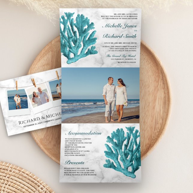 White Marble Teal Coral Reef Coastal Beach Wedding Tri-Fold Invitation (Creator Uploaded)
