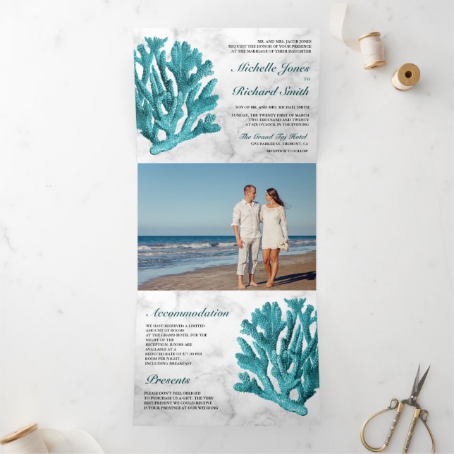 White Marble Teal Coral Reef Coastal Beach Wedding Tri-Fold Invitation (Inside)