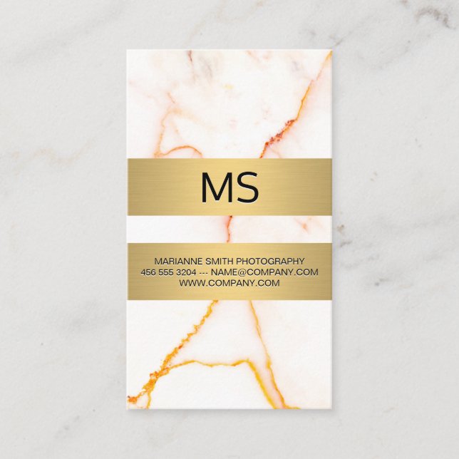 White Marble Texture Gold Metallic Bars Business Card (Front)