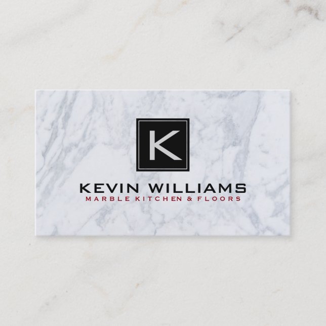 White Marble Texture Red & Black Accent Business Card (Front)