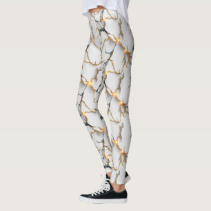 White Marble Texture with Glowing Gold Veins Leggings