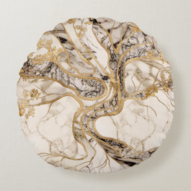 White Marble Tree of Life Abstract Round Cushion (Front)