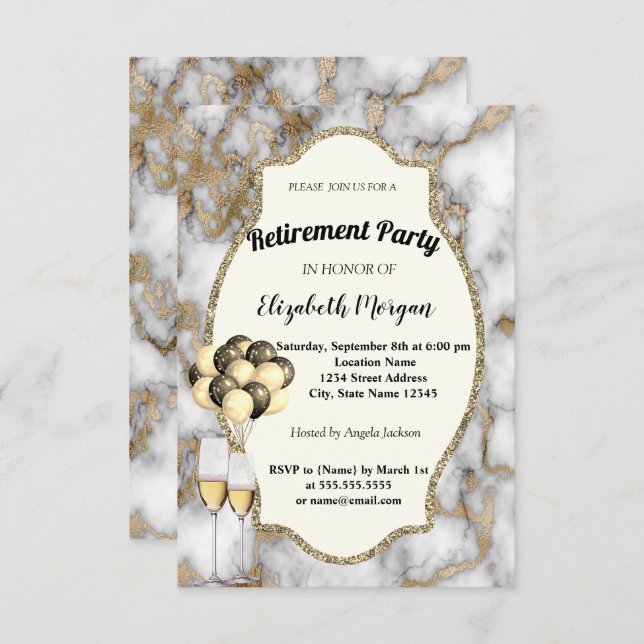 White Marble,Wine Glass,Ballons, Retirement Party Invitation (Front/Back)