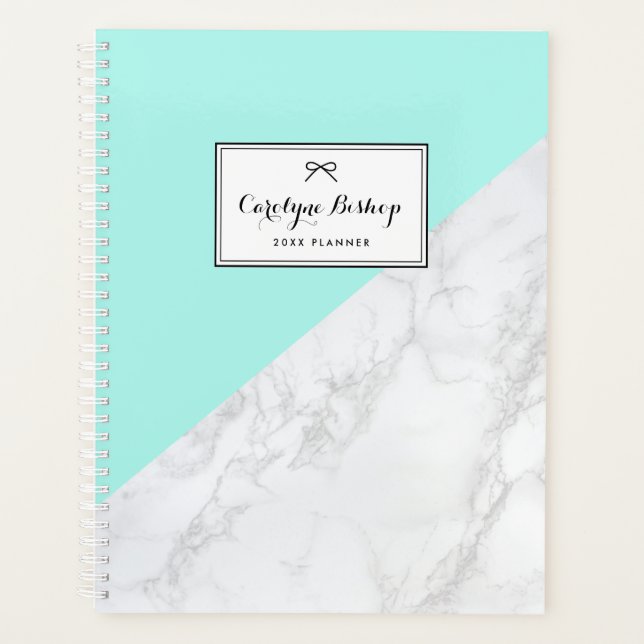 White Marble with Aqua Accent Personalised Planner (Front)