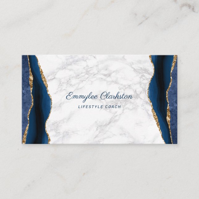 White Marble with Blue Gold Agate Business Card (Front)