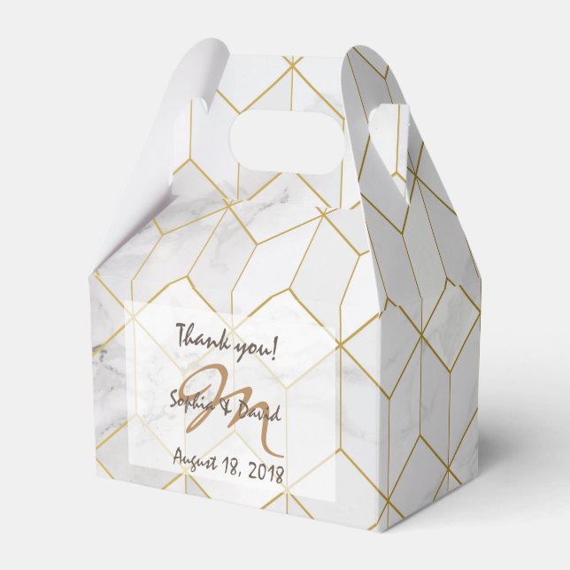 White Marble with Gold Cube Pattern + Monogram Favour Box (Front Side)