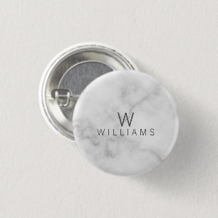 White Marble with Personalised Monogram and Name 3 Cm Round Badge