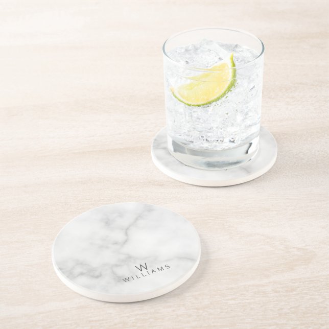 White Marble with Personalised Monogram and Name Coaster (Side)