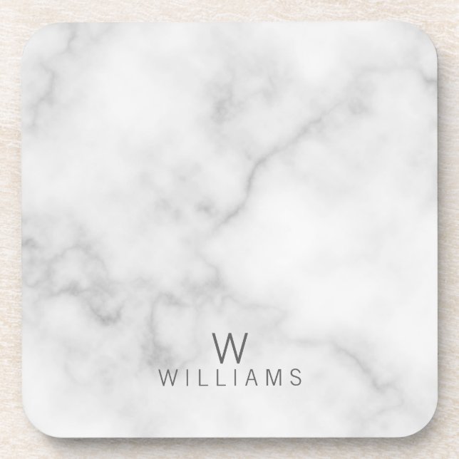 White Marble with Personalised Monogram and Name Coaster (Front)