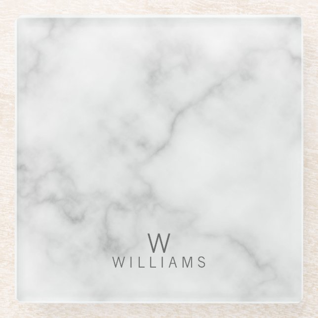 White Marble with Personalised Monogram and Name Glass Coaster (Front)