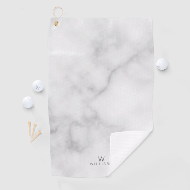 White Marble with Personalised Monogram and Name Golf Towel (InSitu)